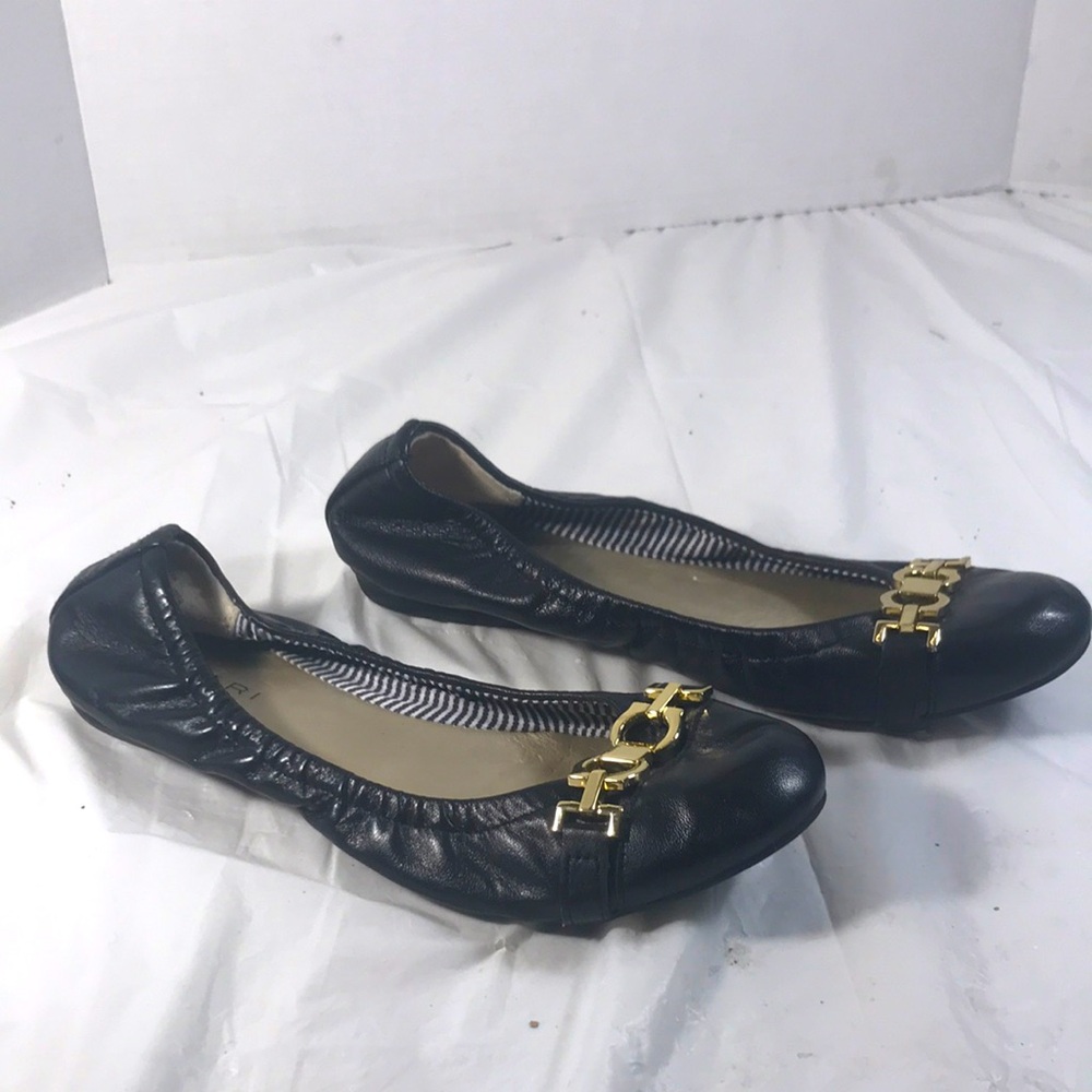 Tahari Women’s Soft Black Leather Pull On Ballet Flats with Gold Accent Hardware